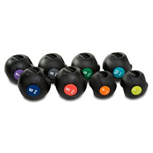 Balones medicinales con agarres de 25 cm de diámetro en negro y distintos colores para diferenciar su peso, fabricado en caucho de gran resistencia con superficie rugosa.