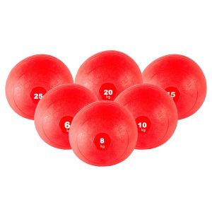 Conjunto de slam ball de 6 kg, 8 kg, 10 kg, 12 kg, 15 kg, 18 kg, 20 kg, 23 kg, 25 kg, 30 kg, 35 kg, 40 kg, 45 kg, 50 kg, 55 kg y 60 kg, en caucho rojo con peso grabado y boquilla de aire reforzada. 