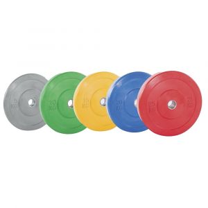 Disco olímpico bumper de 5 kg, 10 kg, 15 kg, 20 kg y 25 kg de colores en caucho macizo con casquillo de acero.