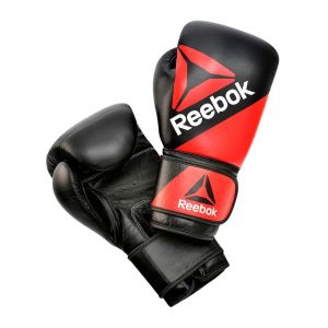 Guantes combat de piel Reebok de 14 onzas combinados en negro y rojo, ideales para todo tipo de entrenamiento de boxeo. 