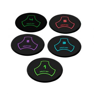 Set de 5 discos de agilidad fabricados en goma-caucho negro con detalles en distintos colores flúor para mayor visibilidad.