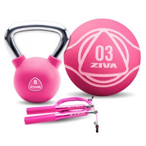 Set ZIVA Chic en color rosa compuesto por kettlebell 8 kg, balón medicinal 3 kg y comba de velocidad.