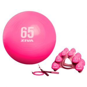 Kit ZIVA Chic en color rosa compuesto por set con dos pares de mancuernas de 1, 2 y 3 kg, fitball de 65 cm y comba de velocidad.